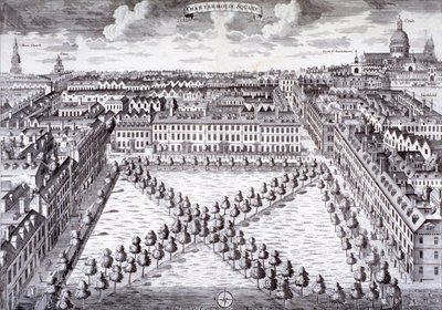 Fugleperspektiv af Charterhouse Square, Finsbury, London, c1750 af Sutton Nicholls