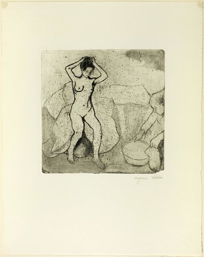 Catherine forbereder badet og Louise, nøgen, ordner sit hår af Suzanne Valadon