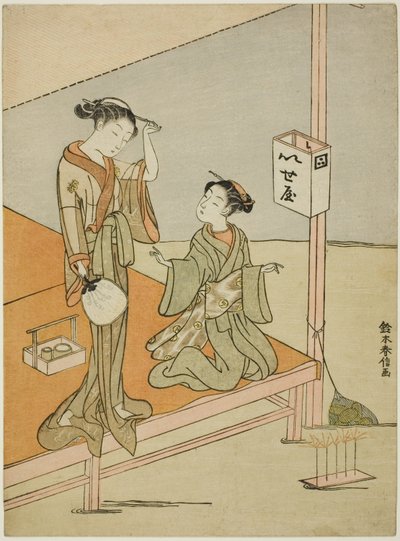 En kurtisane og hendes ledsager på Riverside Teahouse Iseya af Suzuki Harunobu