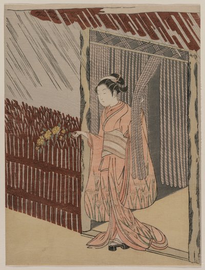 En pige klæder sig i lyserødt, 1766. af Suzuki Harunobu