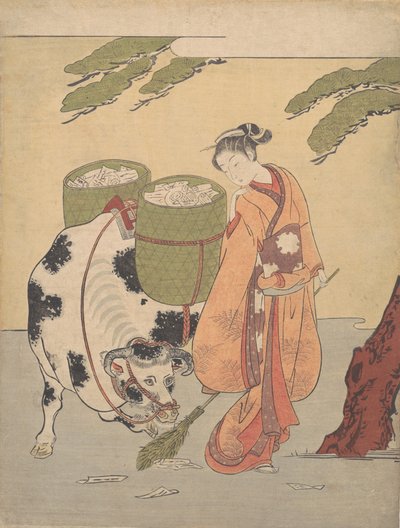 En kvinde, der fejer sine kærlighedsbreve, 1725-1770., 1725-1770. af Suzuki Harunobu