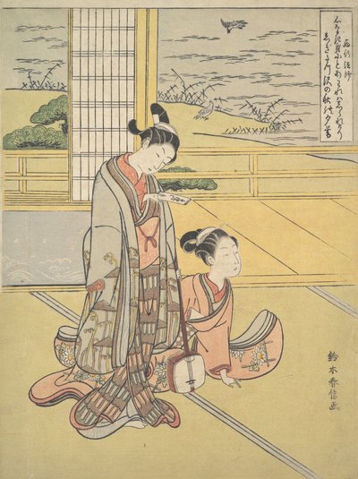 En ung mand og kvinde med en Shamisen, munk Saigyo, fra en serie, der hentyder til The Thre..., ca. 1768. af Suzuki Harunobu