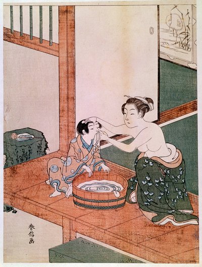 En nøgen mor vasker sit barn i Japan nær et bassin fyldt med vand. Tryk af Haronobu Suzuki (1725 -1770). 1766-1768. Svag. 0,27x0,201 m. Paris, Guimet-museet, Nationalmuseet for asiatisk kunst af Suzuki Harunobu