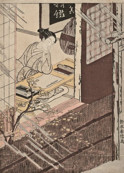 En kvinde sad ved et skrivebord og kiggede ud på regnen af Suzuki Harunobu