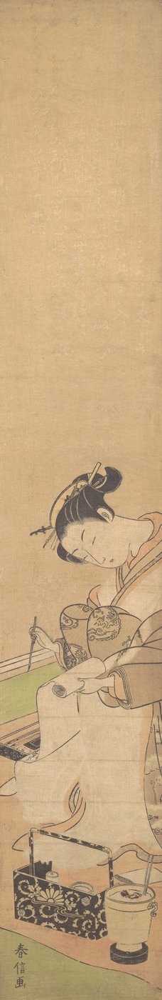 En Oiran, der sidder på en seng, skriver et brev, ca. 1769., ca. 1769. af Suzuki Harunobu