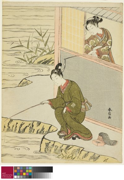 Skønhed driller en ung mand, der fisker, ca. 1768 af Suzuki Harunobu