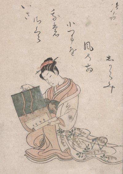 Beauty Unrolling Scroll, ca. 1770 (farvet træsnit på japansk papir) af Suzuki Harunobu