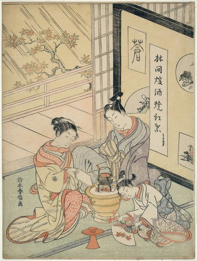 Brændende ahornblade for at opvarme Sake af Suzuki Harunobu