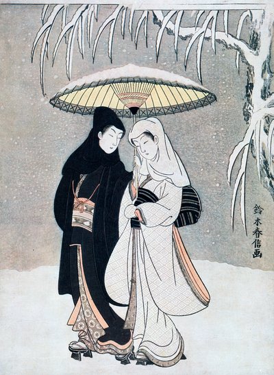 Krage og hejre, eller unge elskere, der går sammen under en paraply i en snestorm, c1769. af Suzuki Harunobu