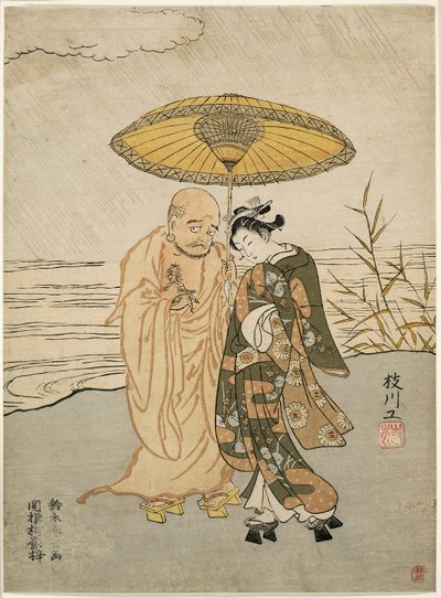 Daruma og en ung kvinde i regnen af Suzuki Harunobu