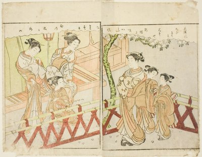 Dobbeltsidet Illustration fra Vol. 2 af "Billedbog af Spring Brocades (Ehon haru no nishiki)" af Suzuki Harunobu