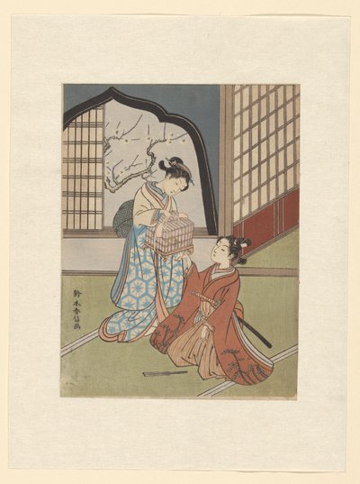 Et par med fuglebur af Suzuki Harunobu