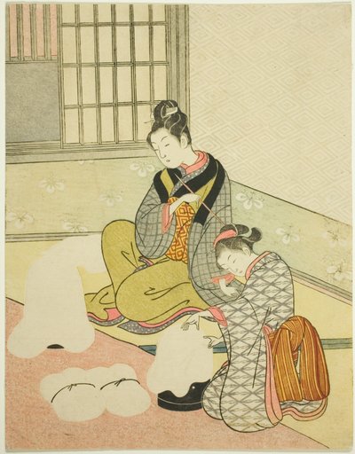 Evening Snow on a Floss Shaper (Nurioke no bosetsu), fra serien "Eight Views of the Parlour (Zashiki hakkei)" af Suzuki Harunobu