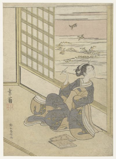 Pige, der lytter til Snipes af Suzuki Harunobu