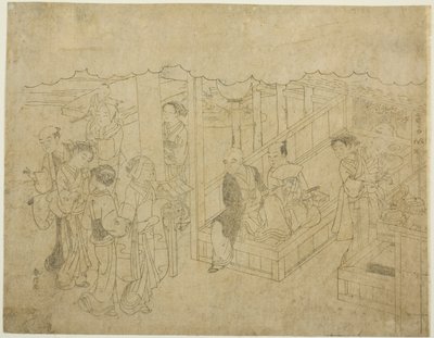 Nøglebloktryk til The Introduction (Miai), det første ark fra serien "Marriage in Brocade Prints, the Carriage of the Virtuous Woman (Konrei nishiki misao-guruma)" af Suzuki Harunobu