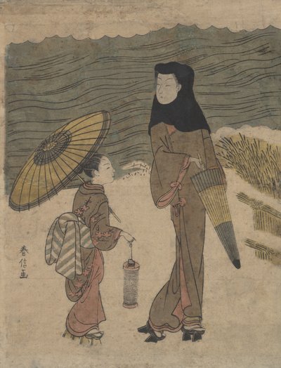 Dame med sort hætte og paraply ude at gå med ung ledsager. af Suzuki Harunobu