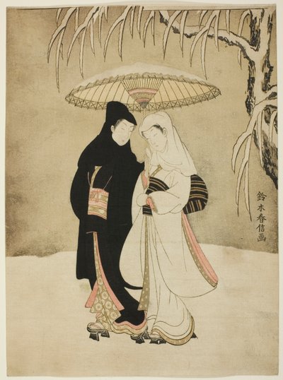 Elskere under en paraply i sneen af Suzuki Harunobu