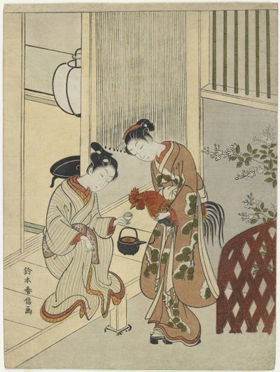 Elskende, der giver sake til en hane, ca. 1767 af Suzuki Harunobu