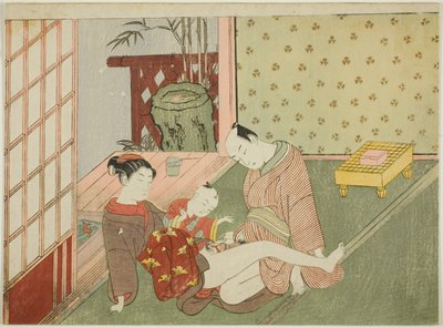 Elskere med en ung ledsager, der kigger på, fra en unavngiven serie af erotiske print af Suzuki Harunobu