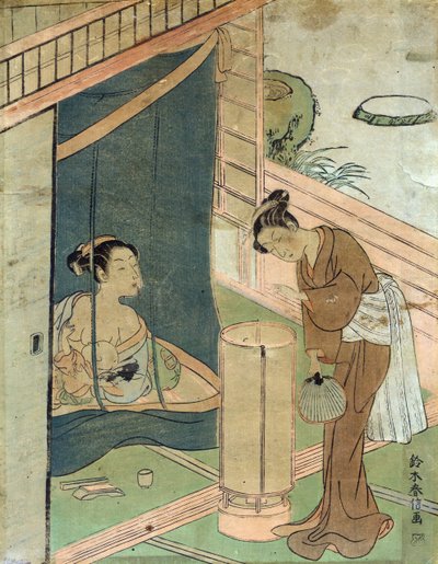 Mor og barn bag myggenet af Harunobu Suzuki, en japansk designer af træbloktrykker i Ukiyo-e-stilen. af Suzuki Harunobu