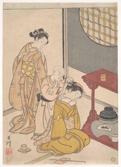 Natregn ved stativet med dobbelthylde, fra serien Otte stueudsigter (Zashiki hakkei) af Suzuki Harunobu