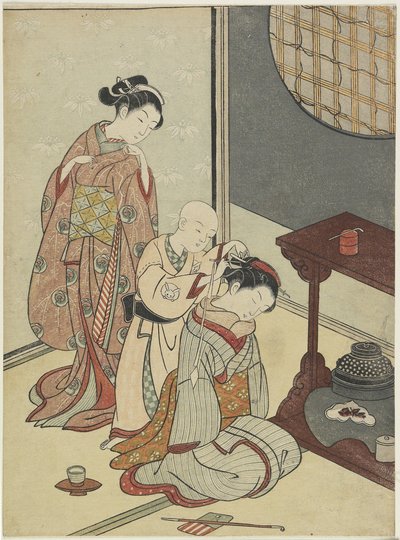 Natteregn på teboden, efter 1766 (træbloktryk i farver) af Suzuki Harunobu