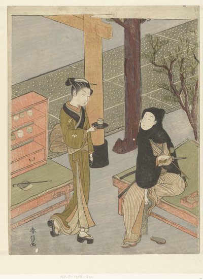 Osen serverer te til en kunde fra hendes testand ved Kasamori-helligdommen. af Suzuki Harunobu
