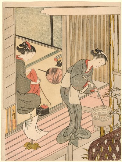 Returning Sails of the Towel Rack (Tenugui-kake no kihan), fra serien "Eight Views of the Parlour (Zashiki hakkei)" af Suzuki Harunobu