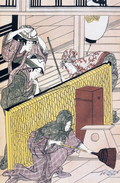 Tjener jagter mus i huset, ukiyo-e kunsttryk af Suzuki Harunobu (1725-1770), træsnit, japansk civilisation, Edo-periode af Suzuki Harunobu