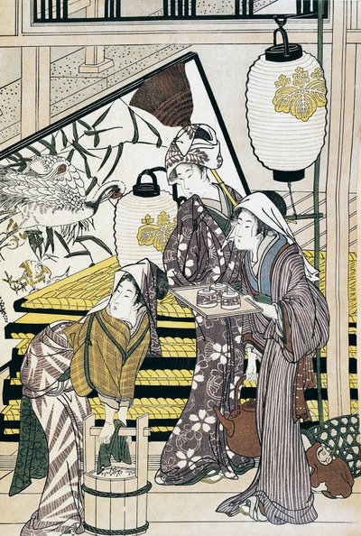 Tjenere, der arbejder i hjemmet, ukiyo-e kunsttryk af Suzuki Harunobu (1725-1770), træsnit, japansk civilisation, Edo-periode af Suzuki Harunobu