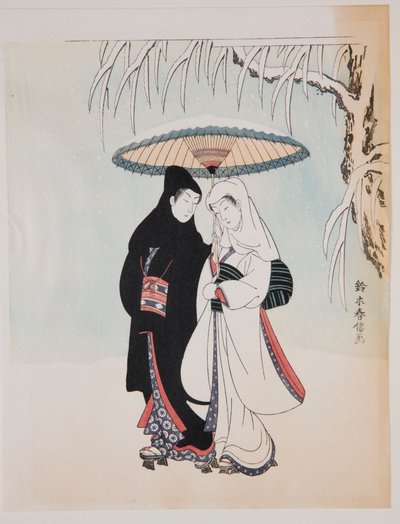Spadseretur under en parasol i sneen af Suzuki Harunobu