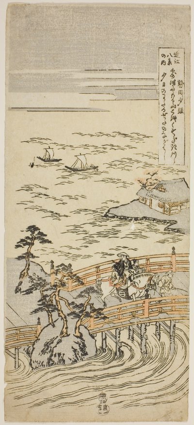 Sunset Glow at Seta (Seta Sekisho), fra serien "Eight Views of Omi (Omi Hakkei No Uchi)" af Suzuki Harunobu