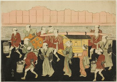 Bruden, der rider i en palanquin til sin mands hus (Koshi-iri), det tredje ark i serien "Ægteskab i brokadetryk, den dydige kvindes vogn (Konrei nishiki misao-guruma)" af Suzuki Harunobu