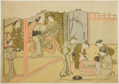 Den første fødsel (Uizan), det syvende ark i serien "Marriage in Brocade Prints, the Carriage of the Virtuous Woman (Konrei nishiki misao-guruma)" af Suzuki Harunobu