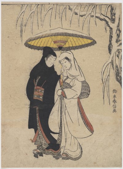 The Oriental Arts : Young Lovers Walking Together under an Paraply in a Snow Storm af Harunobu, Suzuki (1724-1770), ca. 1769. Farvetræsnit, 25,7x19,1. Privat samling af Suzuki Harunobu