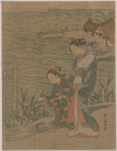 To unge damer ved stranden af Suzuki Harunobu