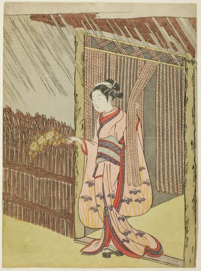 Kvinde holder en gren af Kerria-blomster i regnen (parodi på Ota Dokan) af Suzuki Harunobu