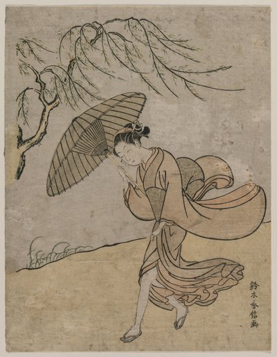 Kvinde løber forbi et piletræ i en brise, 1766 eller 1767. af Suzuki Harunobu