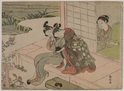 Kvinde ser unge par omfavne på en veranda af Suzuki Harunobu