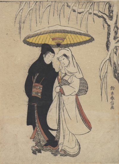 Unge elskere, der går sammen under en paraply i en snestormkrage og hejre, ca. ..., ca. 1769. af Suzuki Harunobu