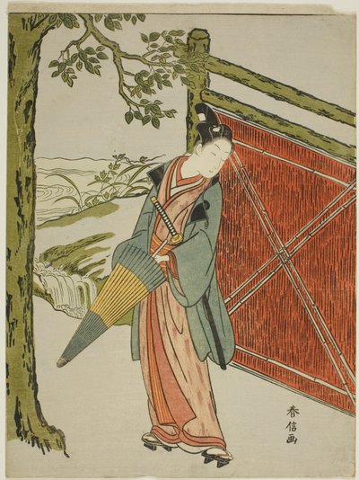 Ung mand holder paraply ved siden af et hegn af Suzuki Harunobu