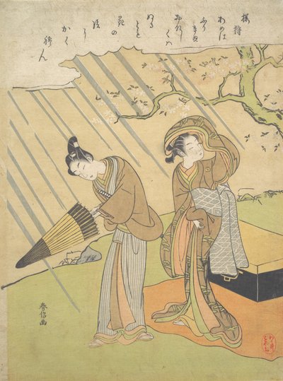 Ung mand og kvinde fanget i regnen, mens de nyder kirsebærblomster Sakura-gari..., ca. 1768-70. af Suzuki Harunobu