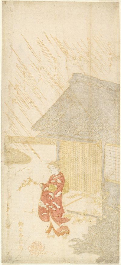 Ung kvinde holder en Kerria-gren af Suzuki Harunobu