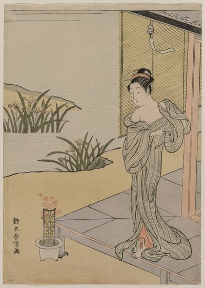 Ung kvinde ser på en gryde med pink, ca. 1767. af Suzuki Harunobu