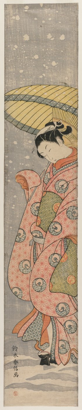 Ung kvinde stående under en paraply i sneen, 1767-1768. af Suzuki Harunobu