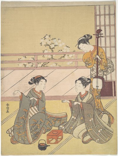Unge kvinder, der spiller kitsune-ken (rævespil) af Suzuki Harunobu