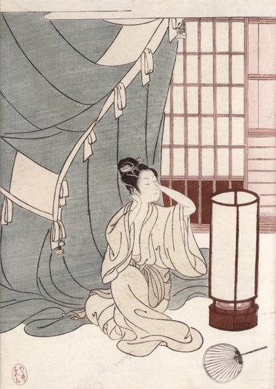 Ung kvinde knæler ved sit myggenet, 1766 (træbloktryk i farver) af Suzuki Harunobu