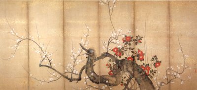 Blomstrende blomme og kamelia af Suzuki Kiitsu