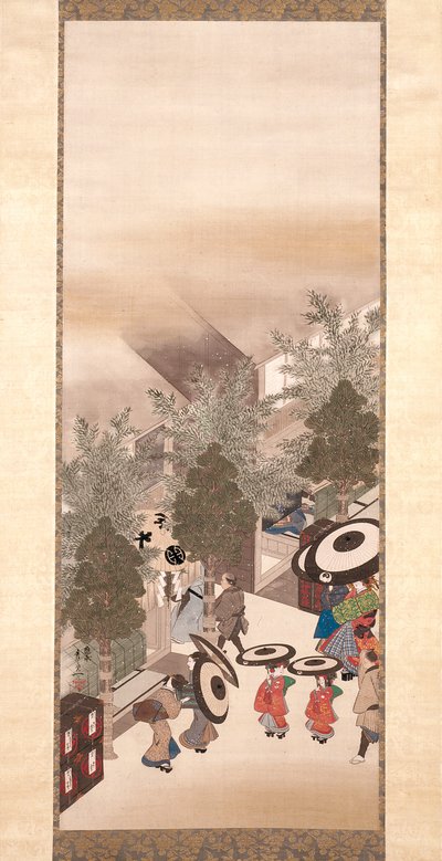 Yoshiwara And Shinagawa (blæk, farve og guld på silke) af Suzuki Kiitsu