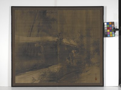Tanuki Under A Bridge (blæk på silke med lidt orange, guld og sølv) af Suzuki Shōnen